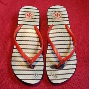 Tory Burch Women's 8 M Wedge Flip Flops Orange Black Rubber